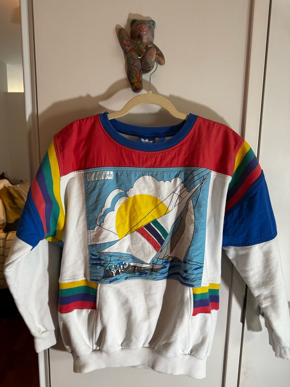 adidas Vintage Inspired White Sweatshirt with Rainbow Sailboat Graphic